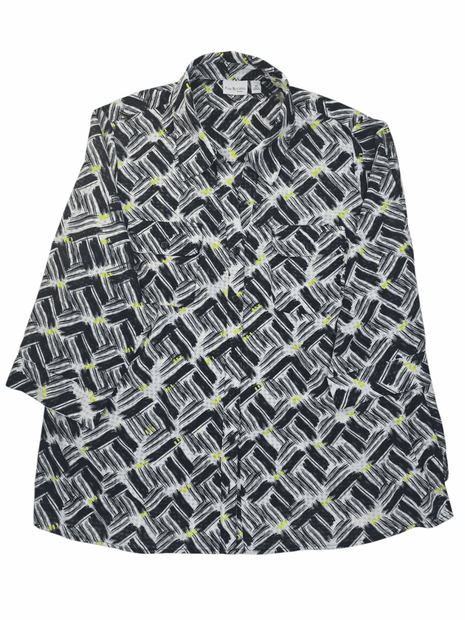 Front view of Kim Rogers black and white paint stroke roll tab top in women’s size 2X showing abstract pattern, button placket, and roll tab sleeves.