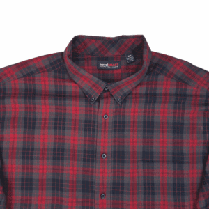 Red and black plaid button-up shirt with collar.