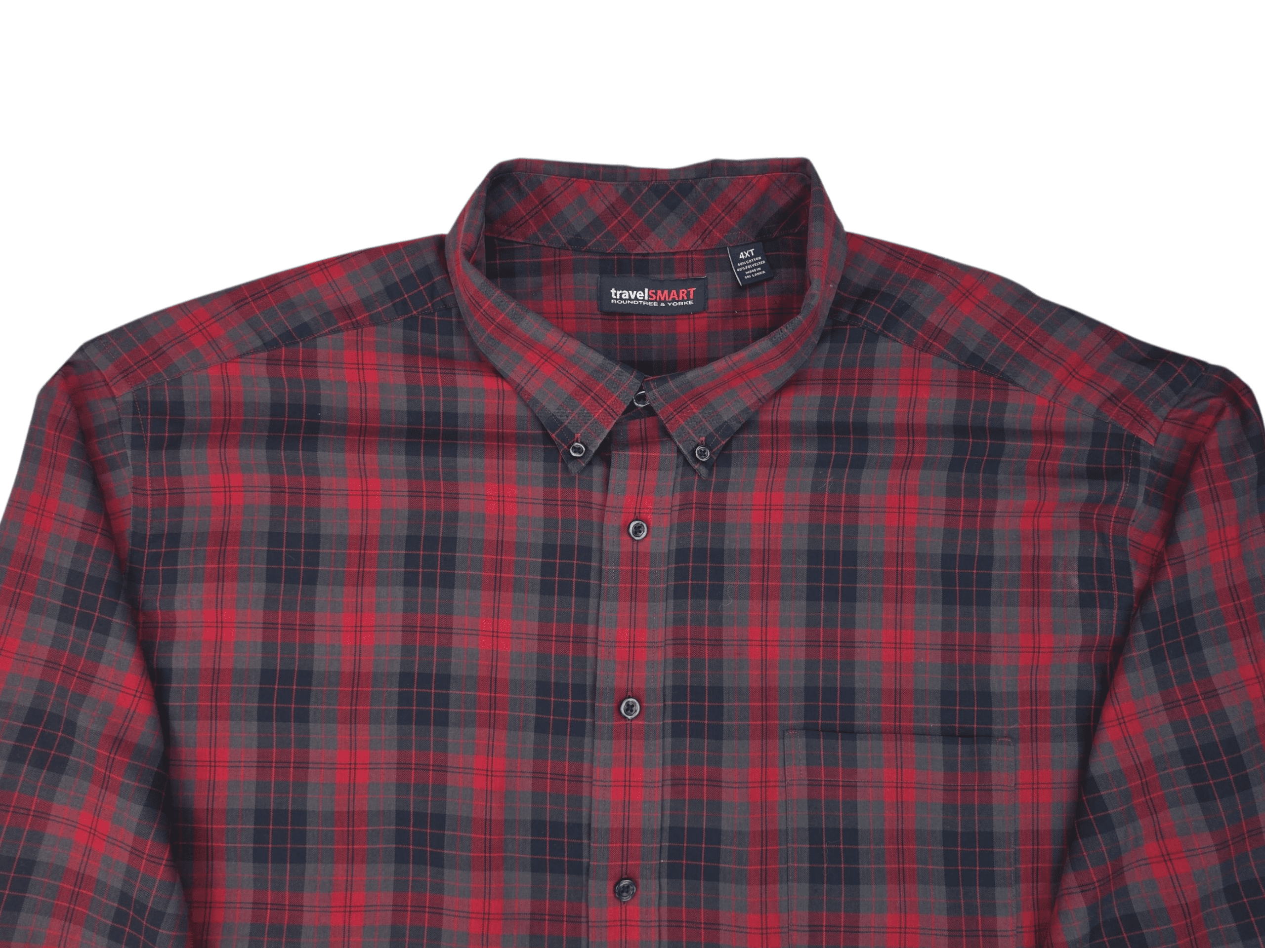 Red and black plaid button-up shirt with collar.