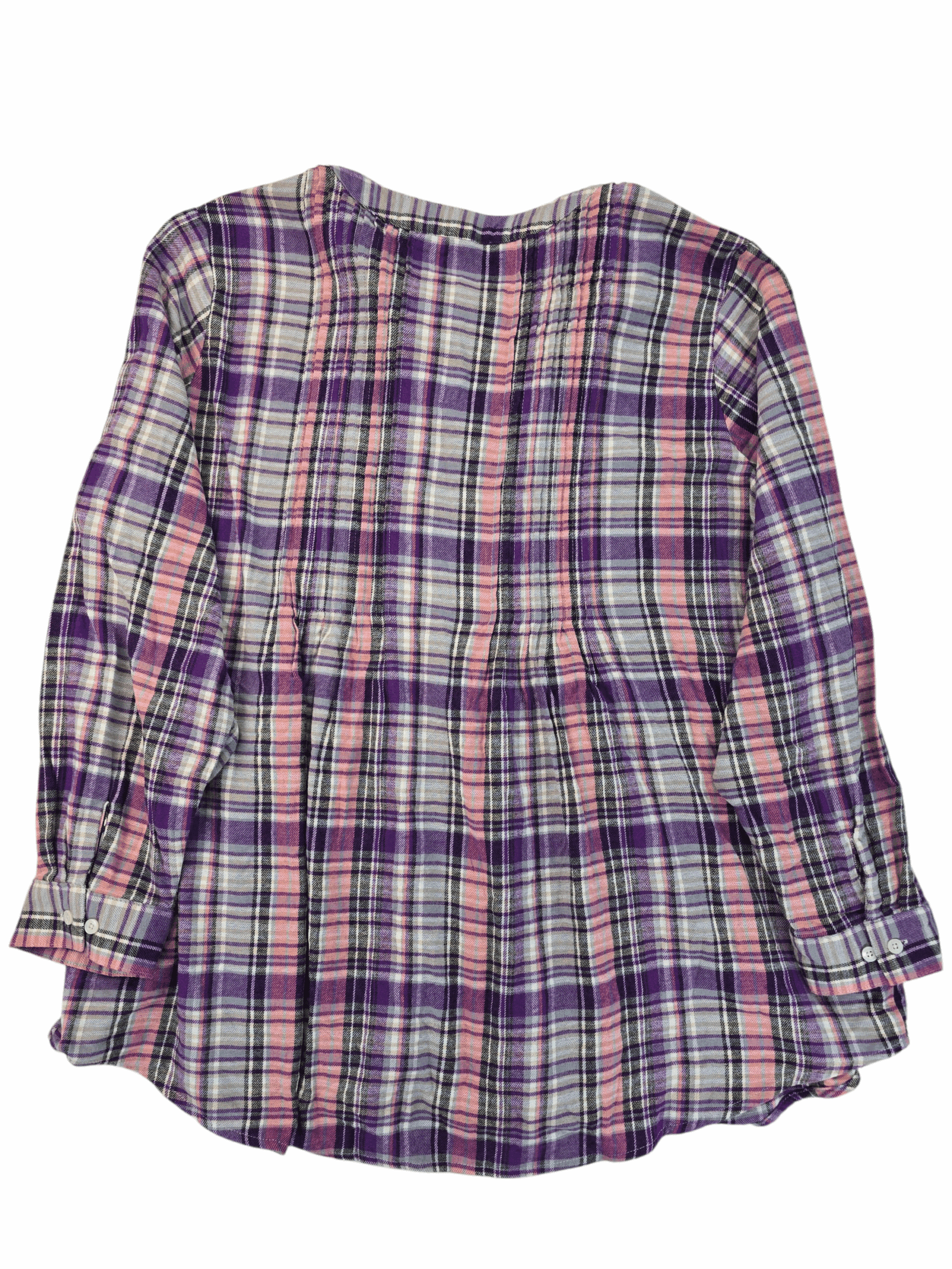 Back view of Woman Within purple and pink plaid flannel button-up shirt showing yoke seam and full plaid pattern.
