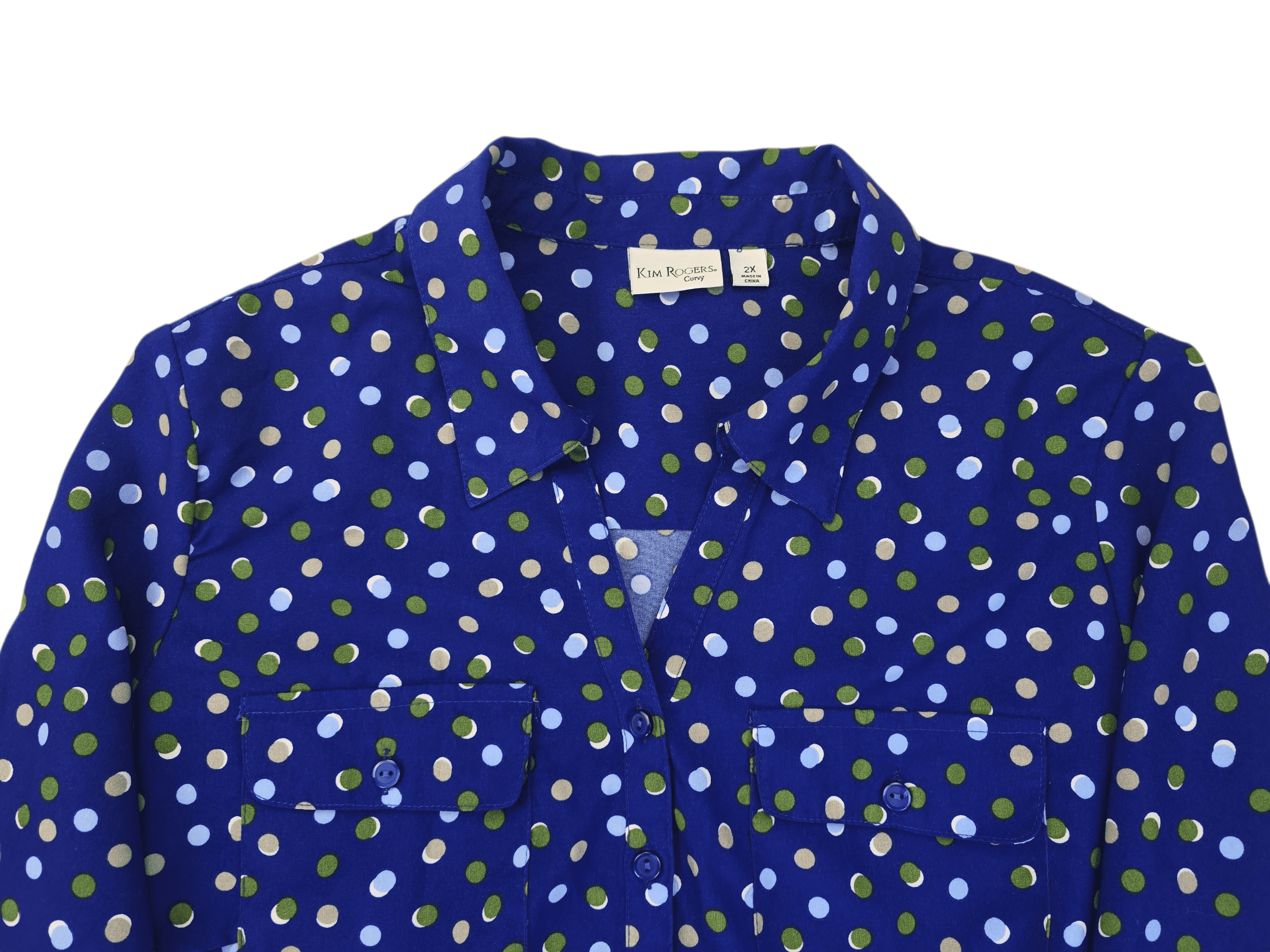 Close-up of Kim Rogers blue polka dot V-neck long sleeve top showing neckline stitching and dot detail.