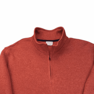 Front view of Saddlebred rust quarter-zip knit pullover in men’s size XXL showing stand collar and long sleeves.