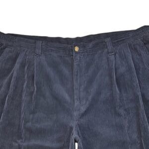 Close-up of waistband, button, and corduroy texture on King Size navy blue 100% cotton corduroy pants men’s Big & Tall waist 47