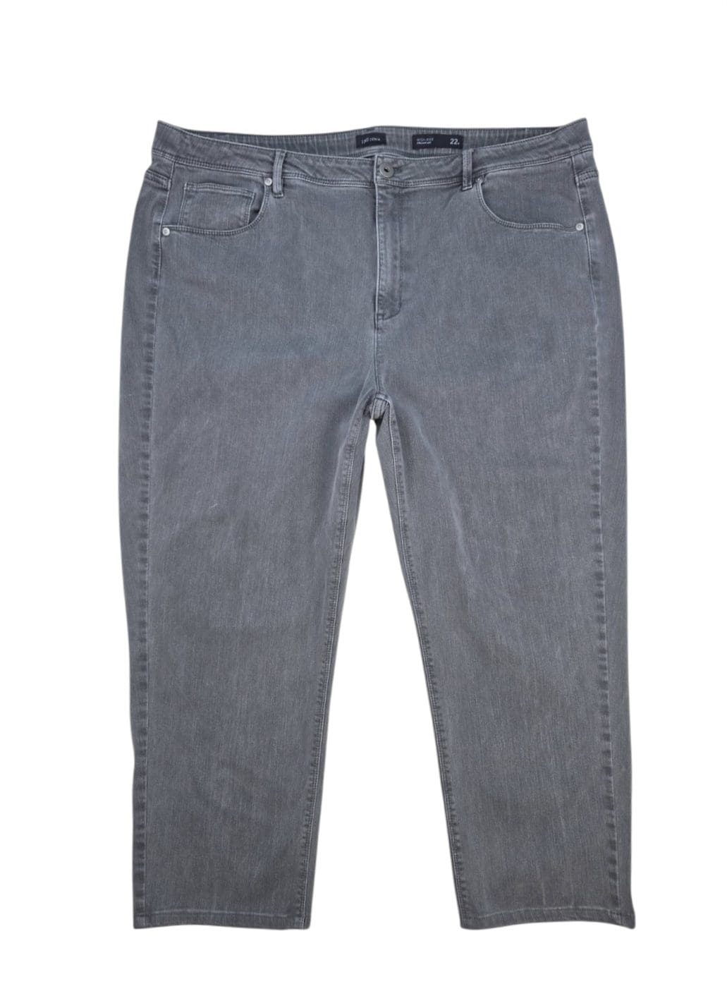 Front view of J. Jill gray high-rise straight leg jeans in women’s size 22W showing waistband, button closure, and front pockets.
