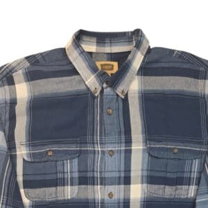 Close-up of The Foundry blue plaid button-up woven shirt showing collar, buttons, and plaid pattern detail.