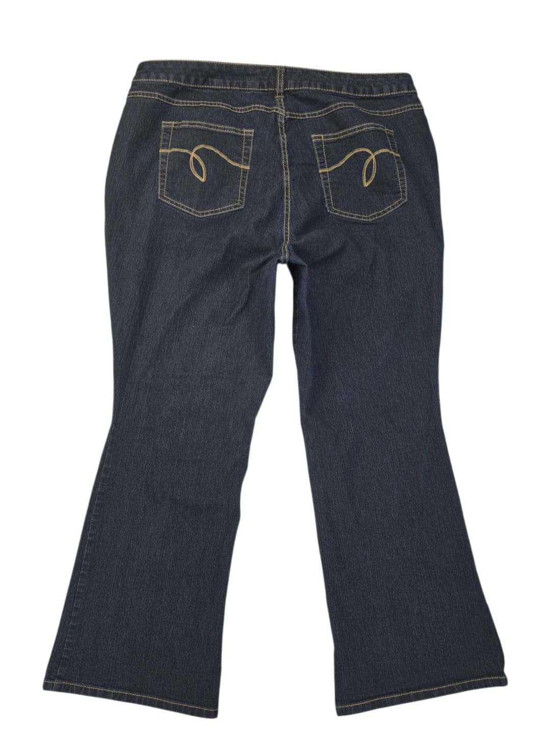 Back view of Avenue Jeans The Boot blue denim showing back pockets and bootcut hem.