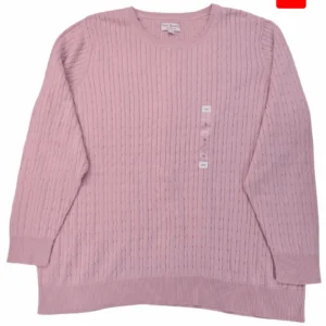 Front view of Kim Rogers pink cable knit cotton pullover sweater in women’s plus size 3X showing crew neckline, long sleeves, and textured knit design.