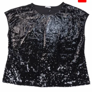 Front view of In Voland black sequin sleeveless pullover top in women’s plus size 24W showing scoop neckline and full sequin front.