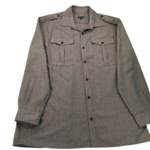 Long-sleeve khaki shirt with buttoned front and chest pockets.