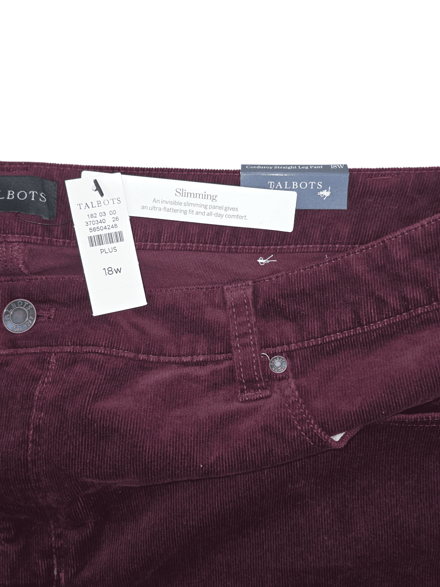 Talbots Brand and Size Tag on Women’s Plus Size 18W Wine Corduroy Straight-Leg Pants with Tummy Control