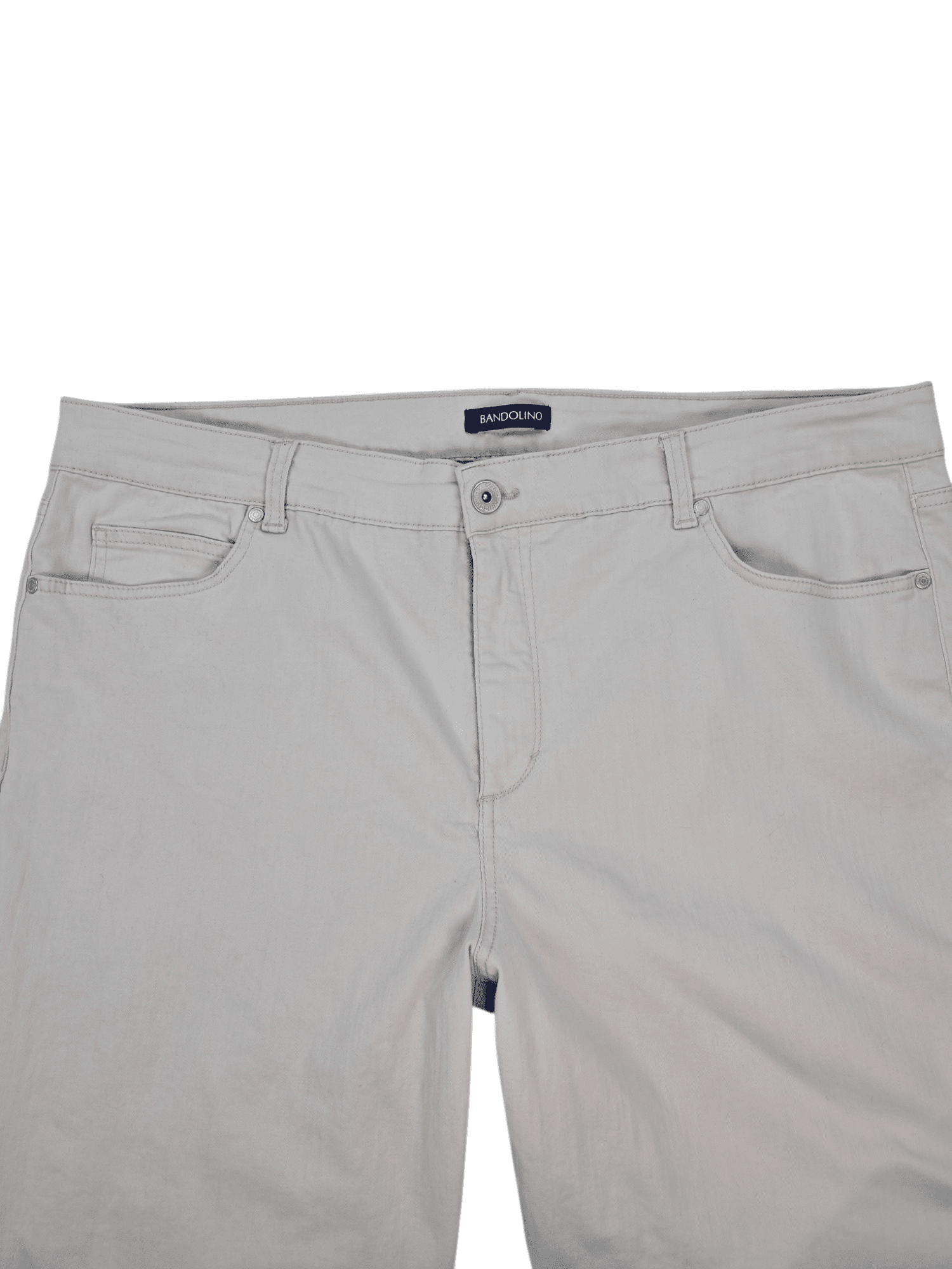 Close-up of waistband and stitching on Bandolino Mandy light tan straight leg tummy control jeans size 20W