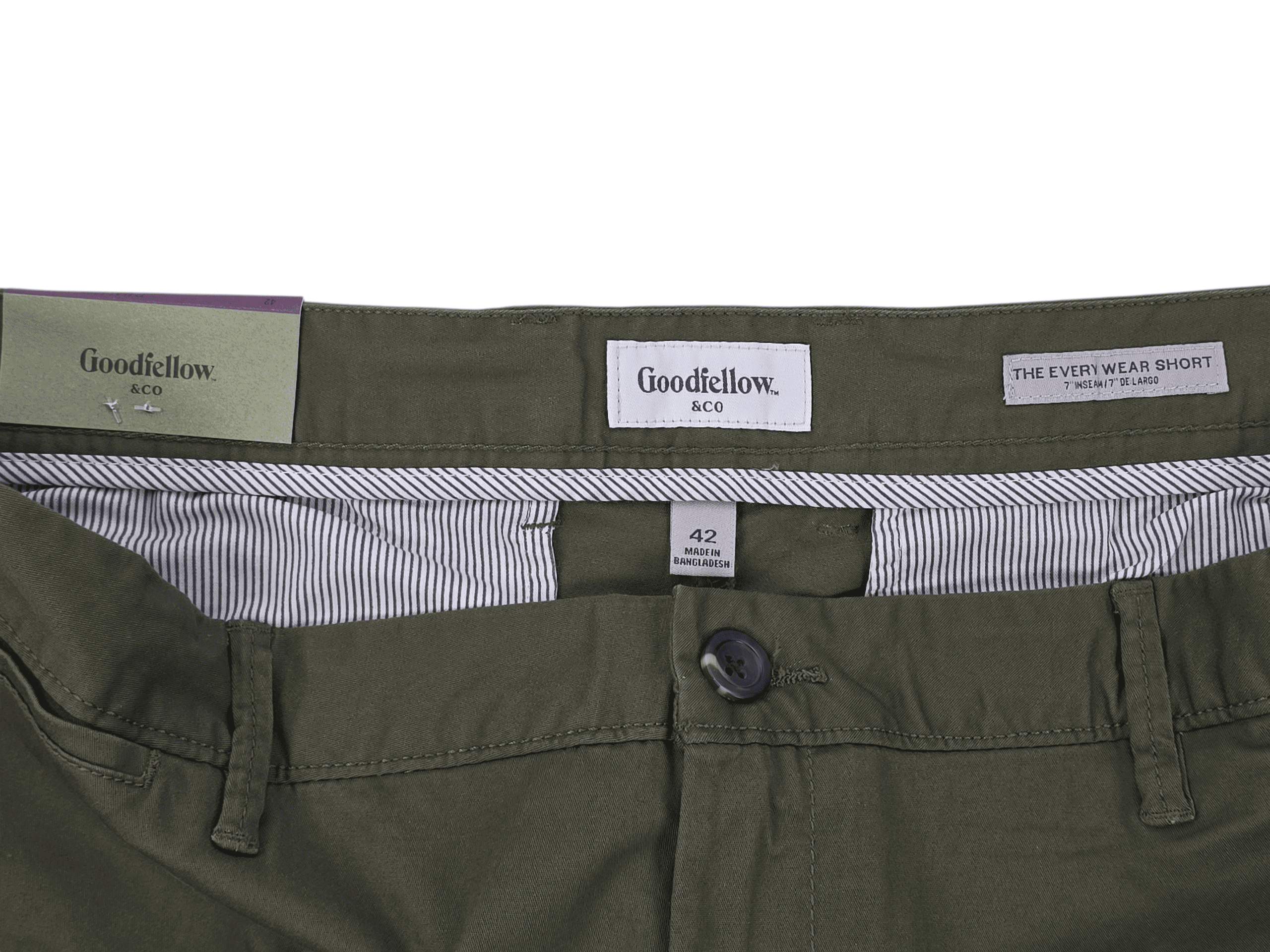 Close-up of Goodfellow & Co brand and size 42 tag on green Everywhere shorts