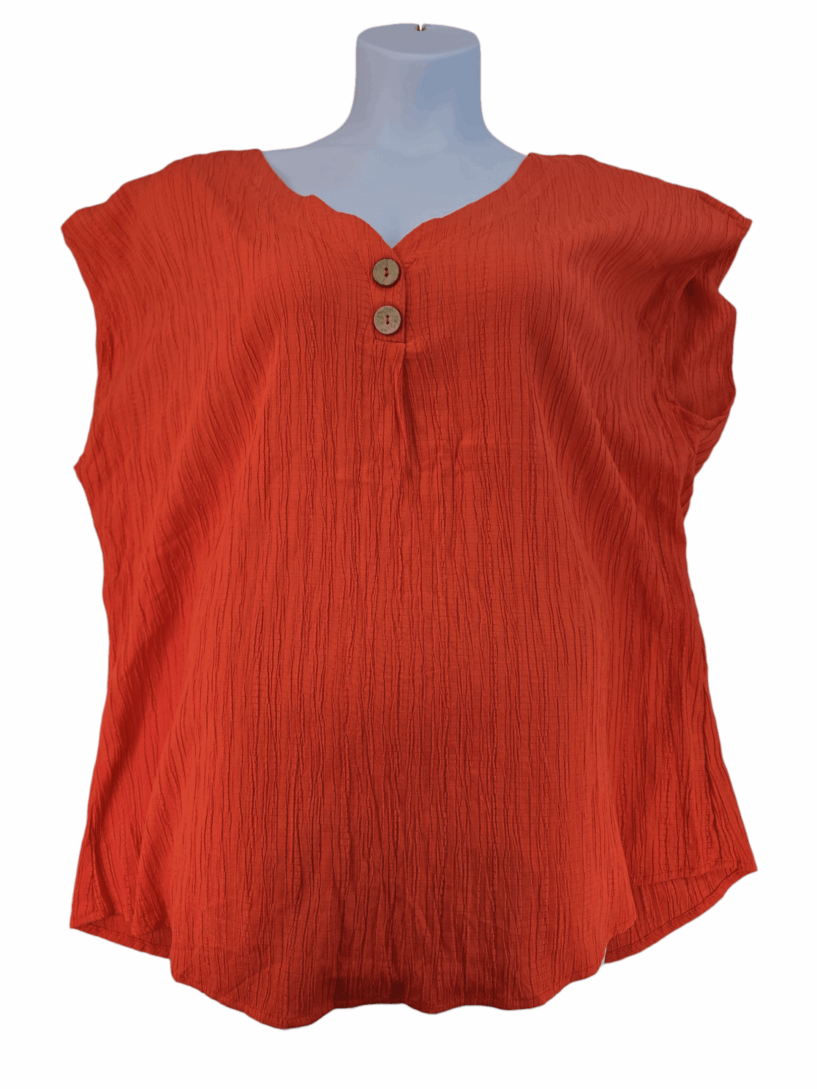 Cure women’s 3XL textured orange pullover top front view with wooden buttons