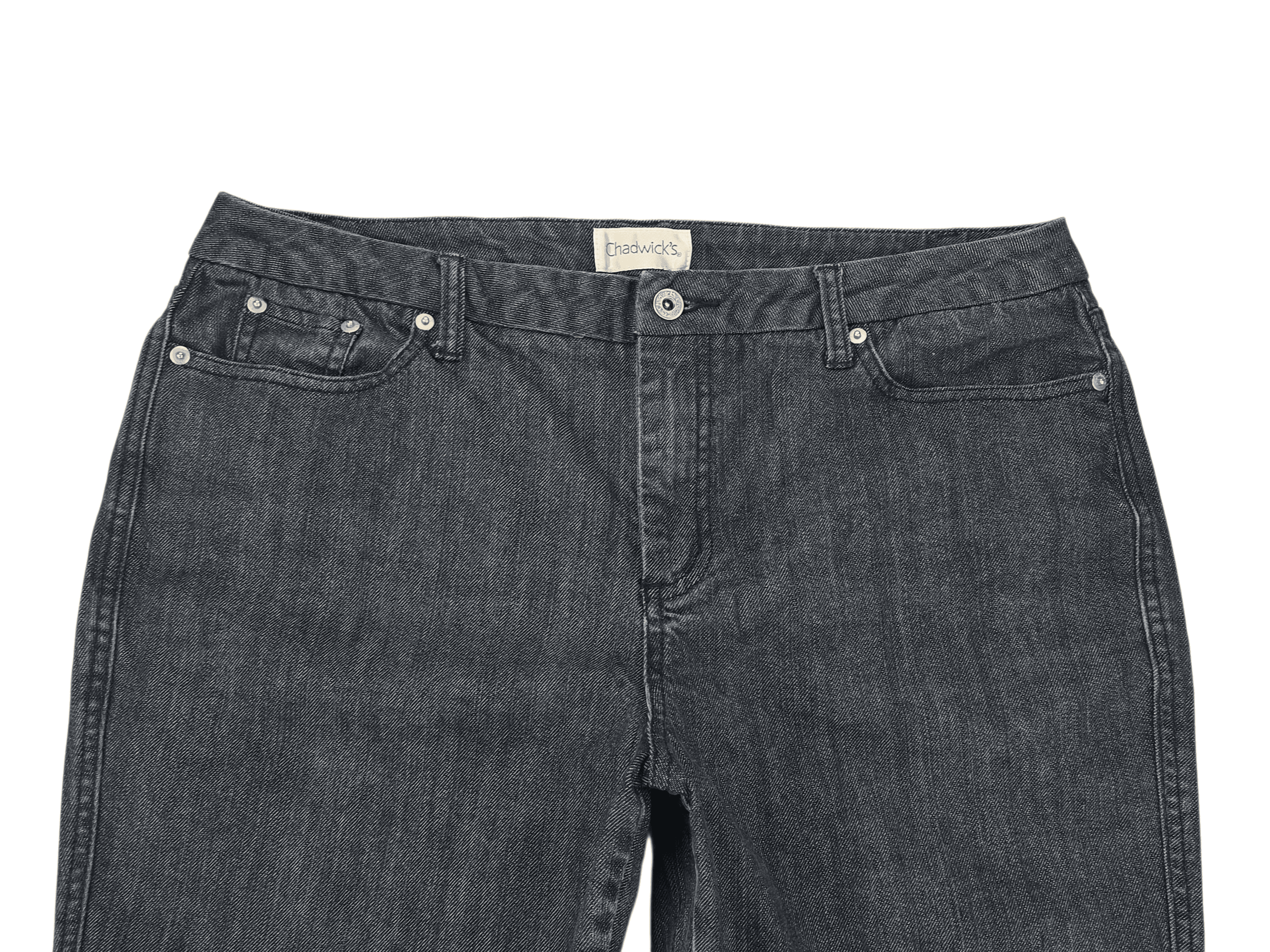 Close-up of waistband, pockets, and stitching on Chadwick’s blue straight leg medium wash denim jeans size 16