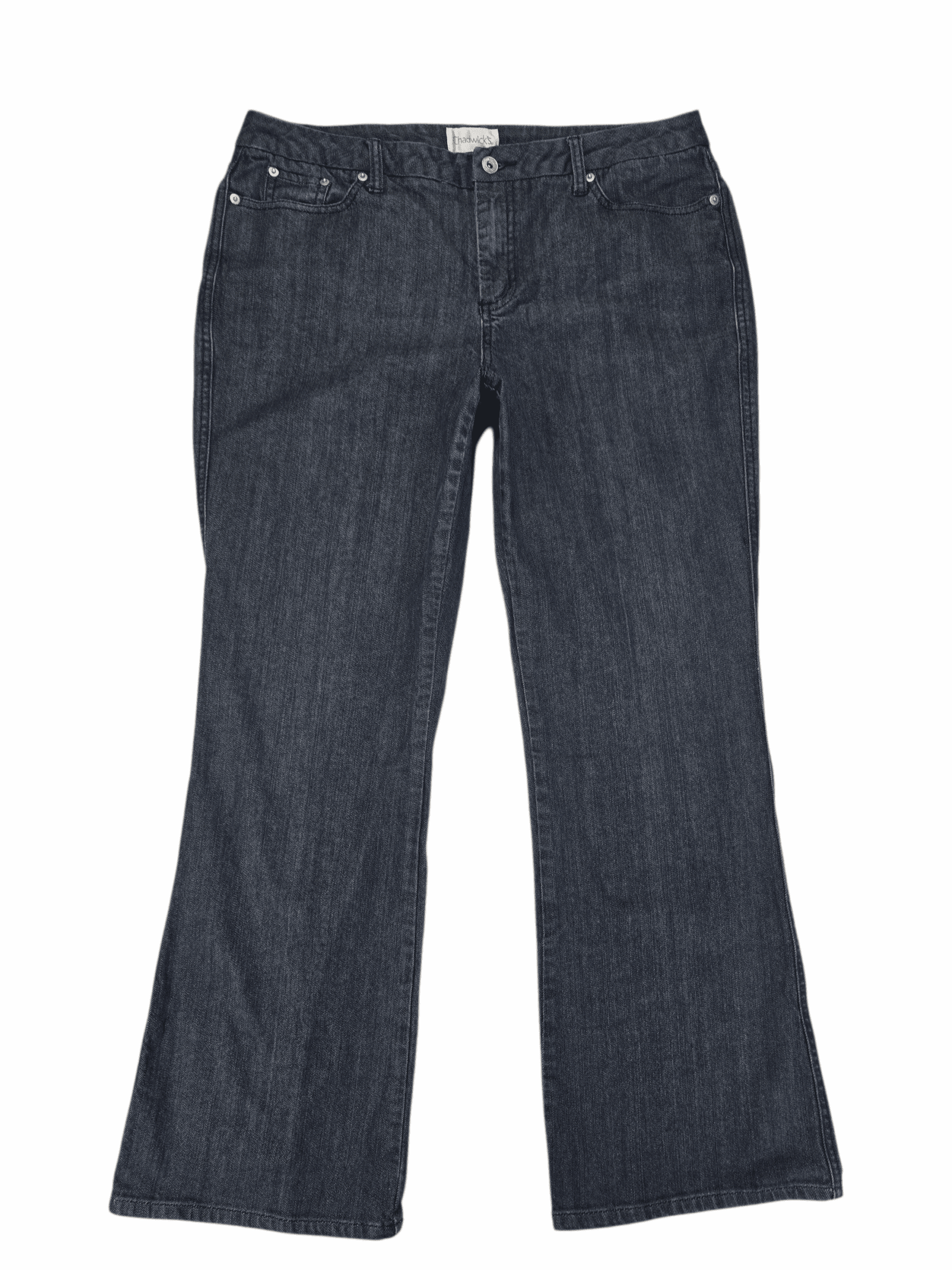 Close-up of waistband, pockets, and stitching on Chadwick’s blue straight leg medium wash denim jeans size 16