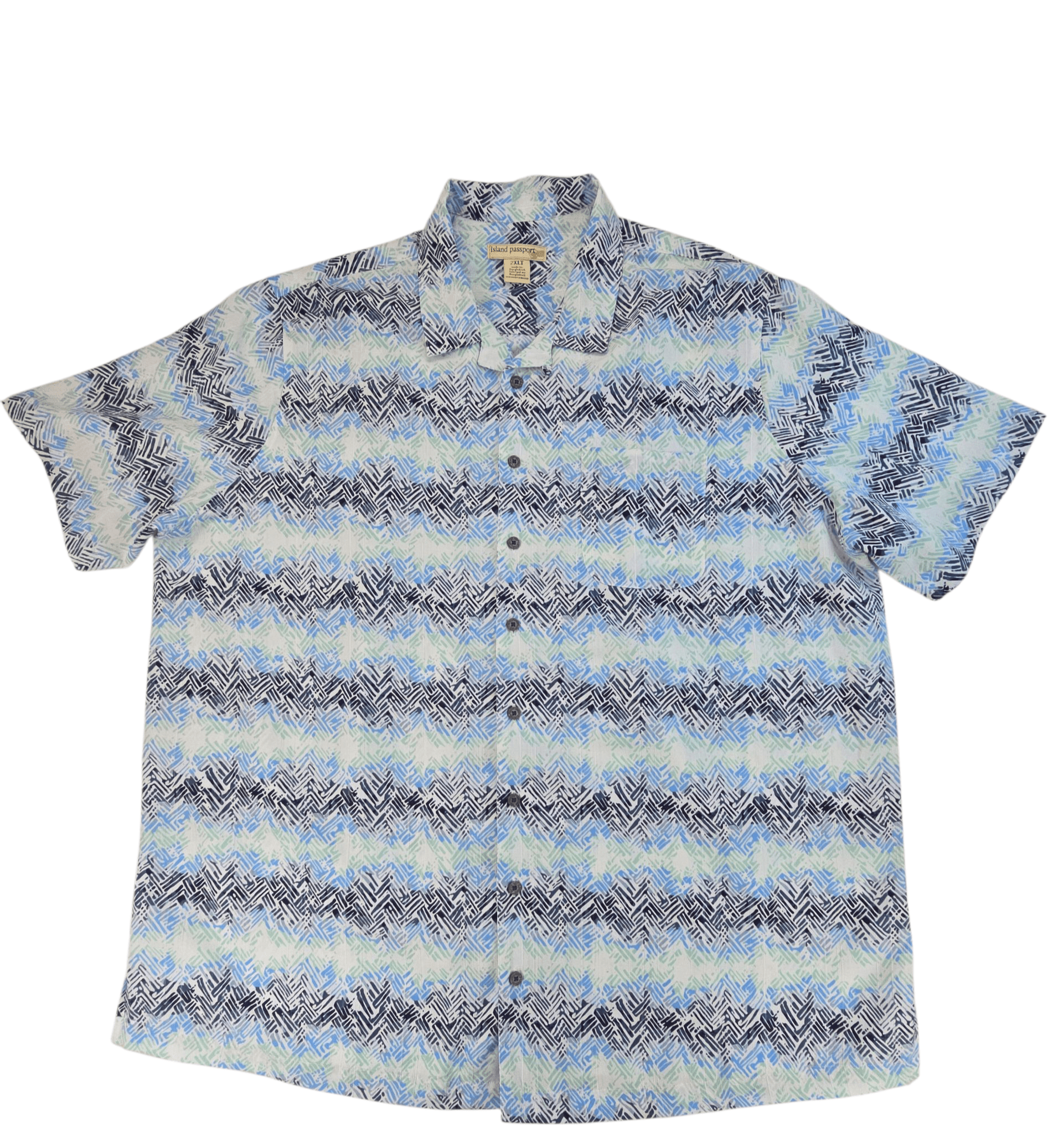 Island Passport men’s 2XLT multicolor abstract button-up shirt front view