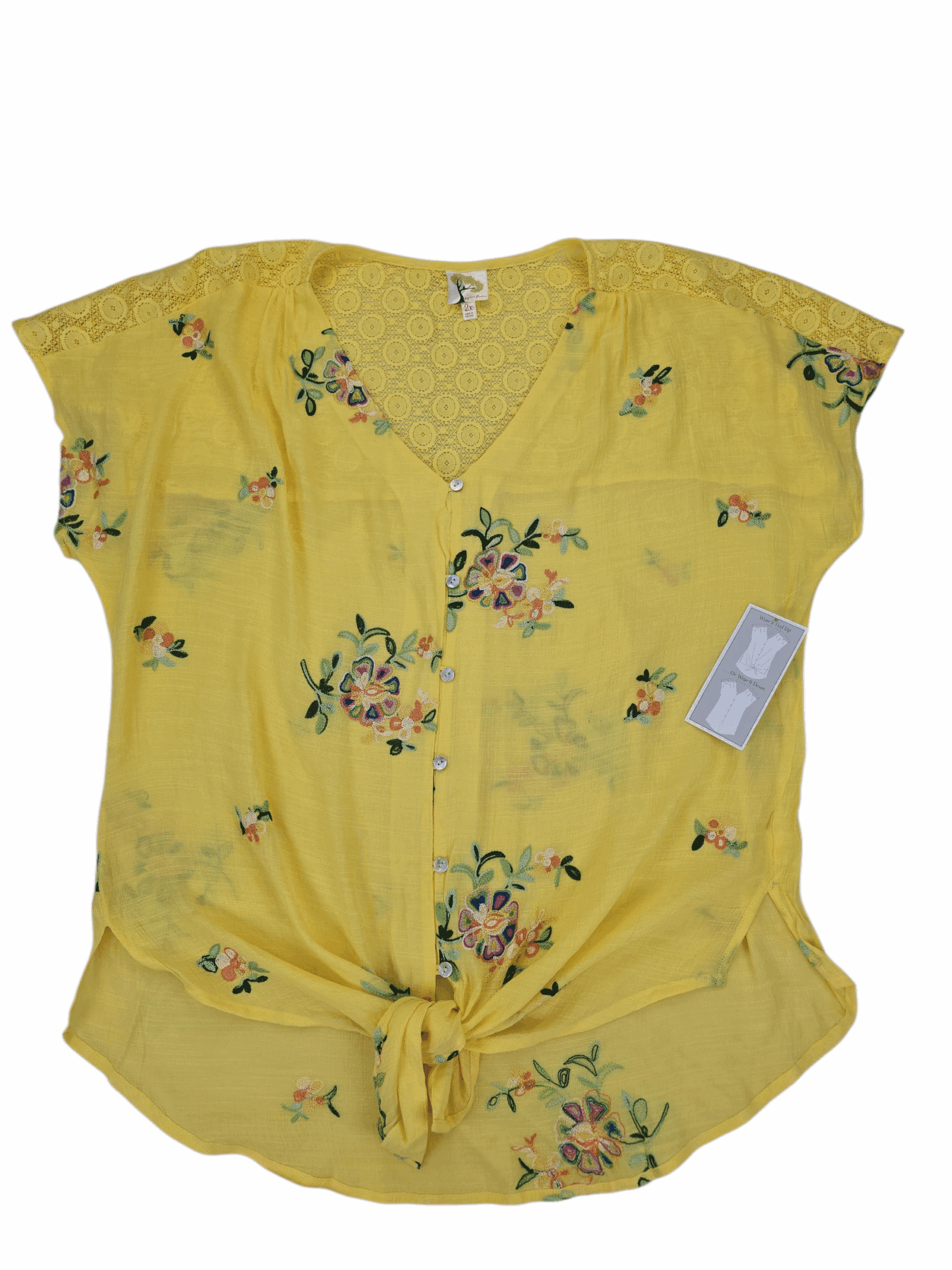 Front view of NWT Fig & Flower yellow embroidered lace-back top women’s size 2X