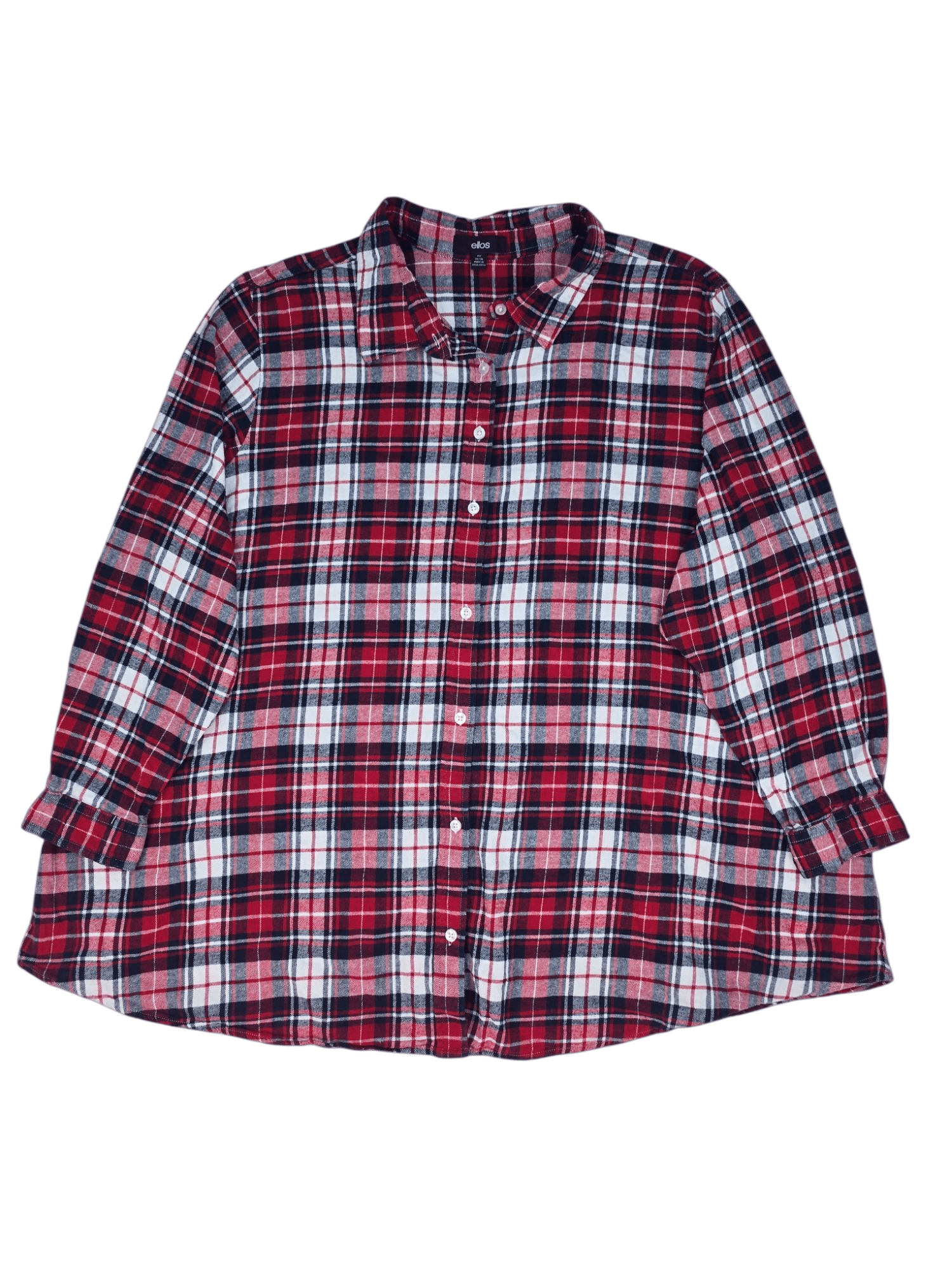 Front view of Ellos red, white, and blue plaid flannel button-up shirt size 4X