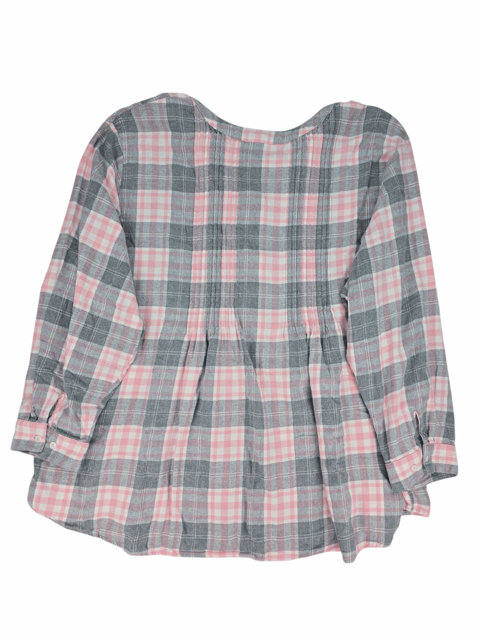 Back view of Woman Within gray and pink checked flannel shirt with pleating women’s size 34/36