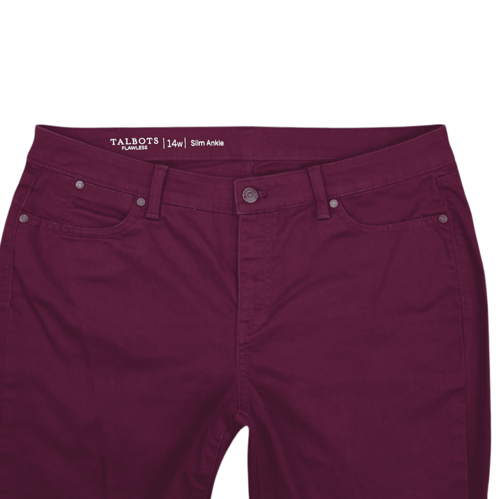 Close-up of waistband, button, and stitching on Talbots Flawless Slim Ankle jeans in wine color women’s size 14W