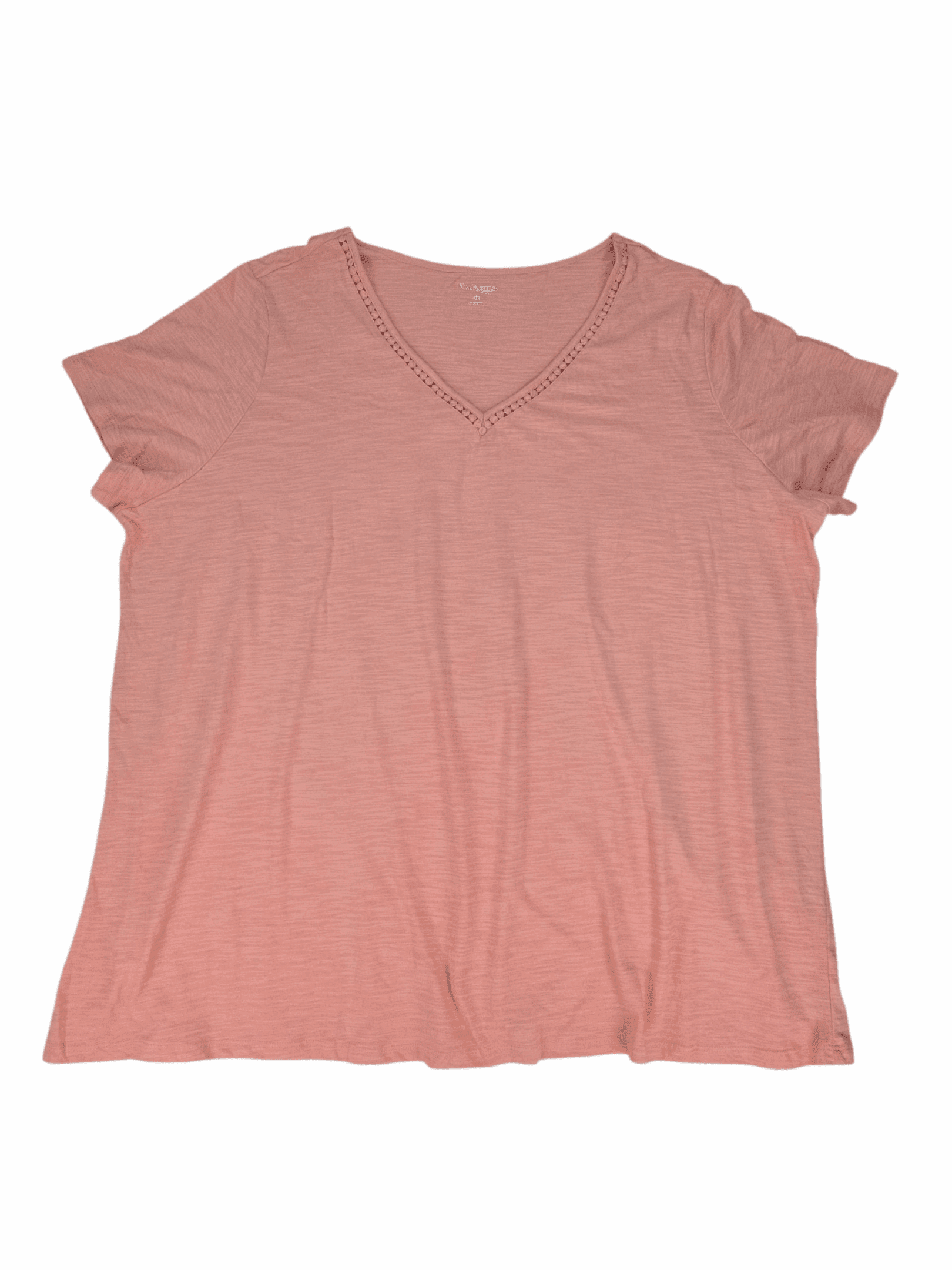 Front view of NWT Kim Rogers Curvy light coral lace-trim V-neck T-shirt women’s size 3X
