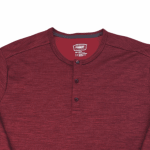 Close-up of front of The Foundry Supply Co. men’s size 2XLT maroon and black waffle knit snap shirt showing collar, snaps, and texture