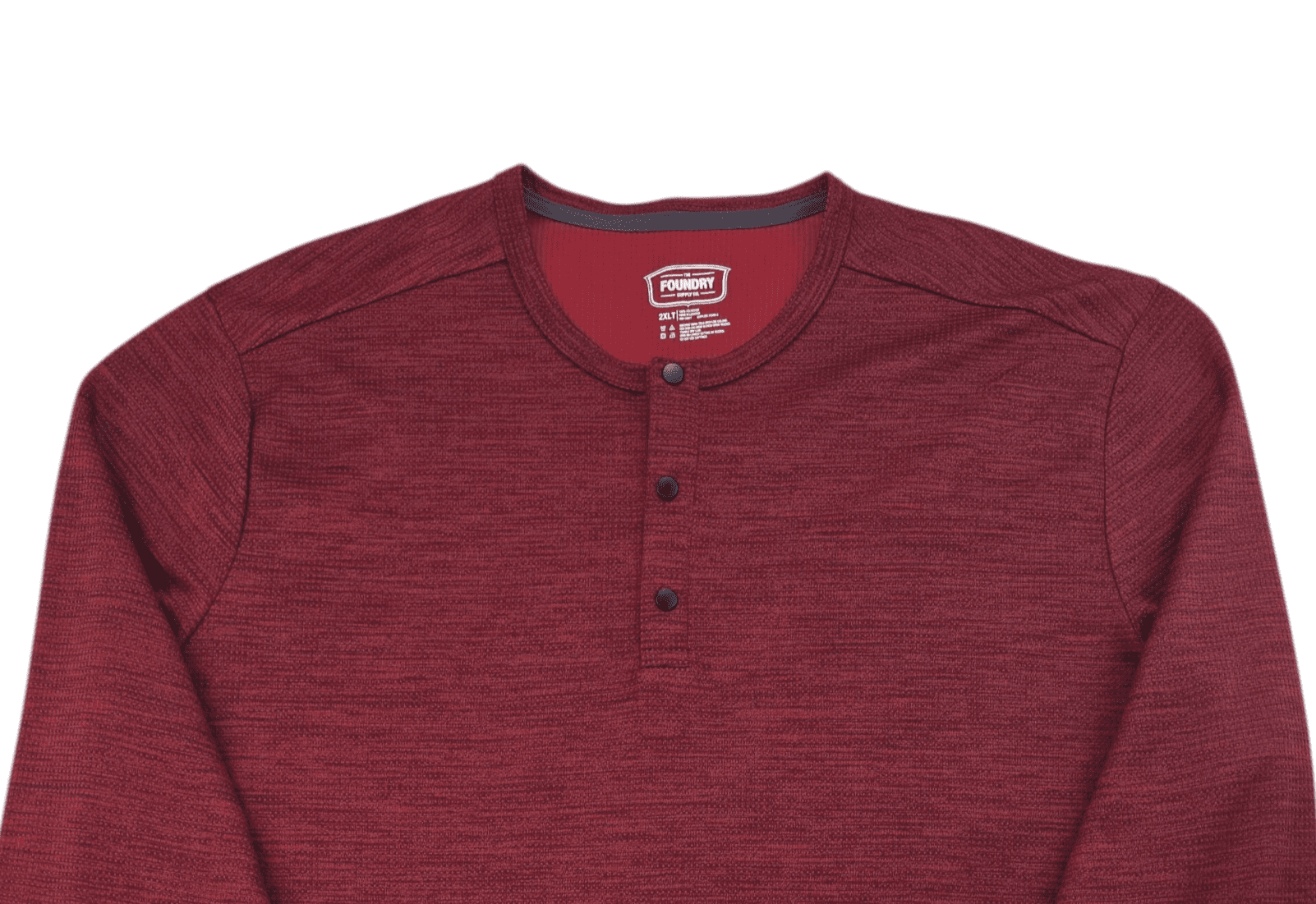 Close-up of front of The Foundry Supply Co. men’s size 2XLT maroon and black waffle knit snap shirt showing collar, snaps, and texture