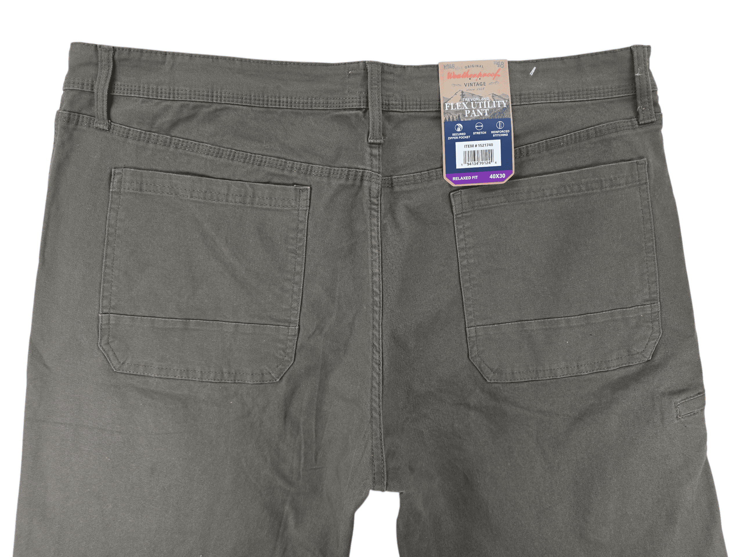 Close-up of waistband, button, and back pockets on NWT Weatherproof Canvas Flex utility pants size 40x30