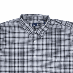 Close-up of front of B-Line men’s size 4XL black and gray checked short-sleeve button-up shirt showing collar, buttons, and pocket