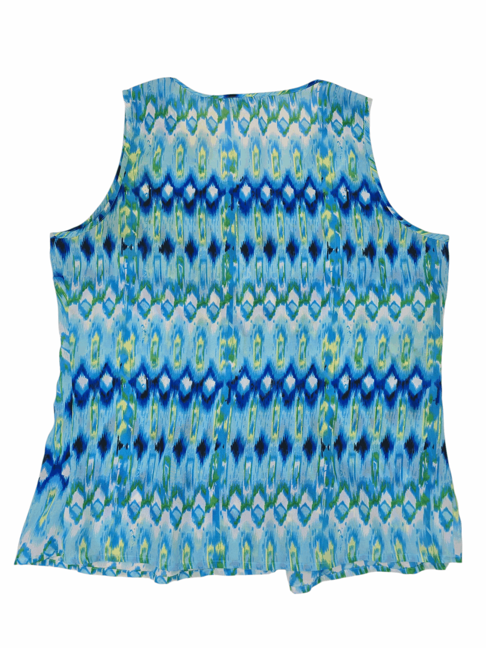 Back view of Claudia Richard blue green yellow semi-sheer pleated tank top women’s size 2X