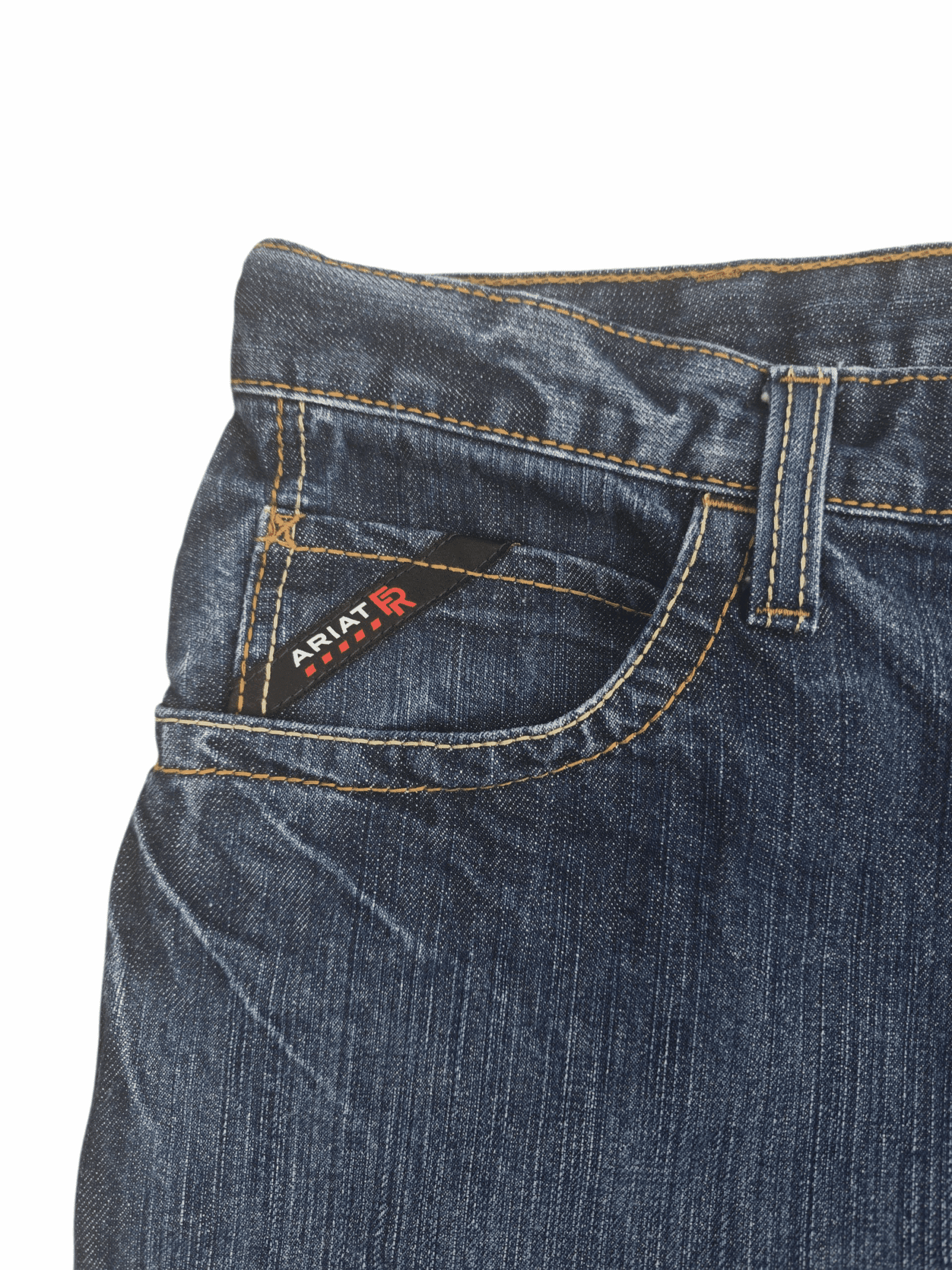 Close-up of flame-resistant rating label on coin pocket of Ariat men’s size 40x32 M4 FR low-rise bootcut jeans
