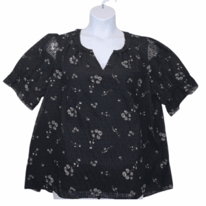 Front view of Kaari Blue curvy black floral ruffle pullover top size 2X