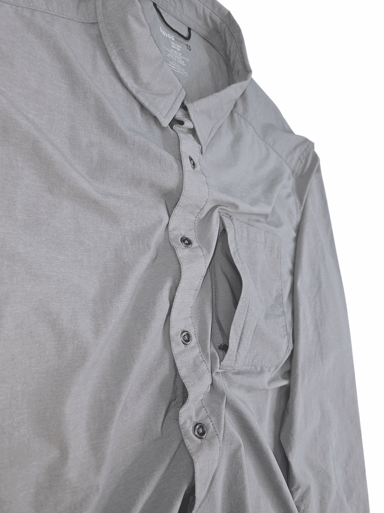 Close-up of zip-up pocket above chest pocket on Swiss Tech men’s size 3XL gray long sleeve button-up shirt