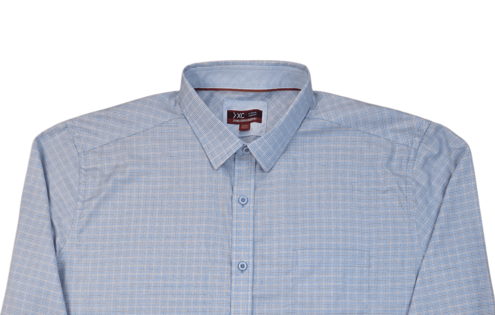 Close-up of the front of Johnston & Murphy XC4 Extreme Comfort men’s 3XL micro houndstooth button-up shirt showing pattern and buttons