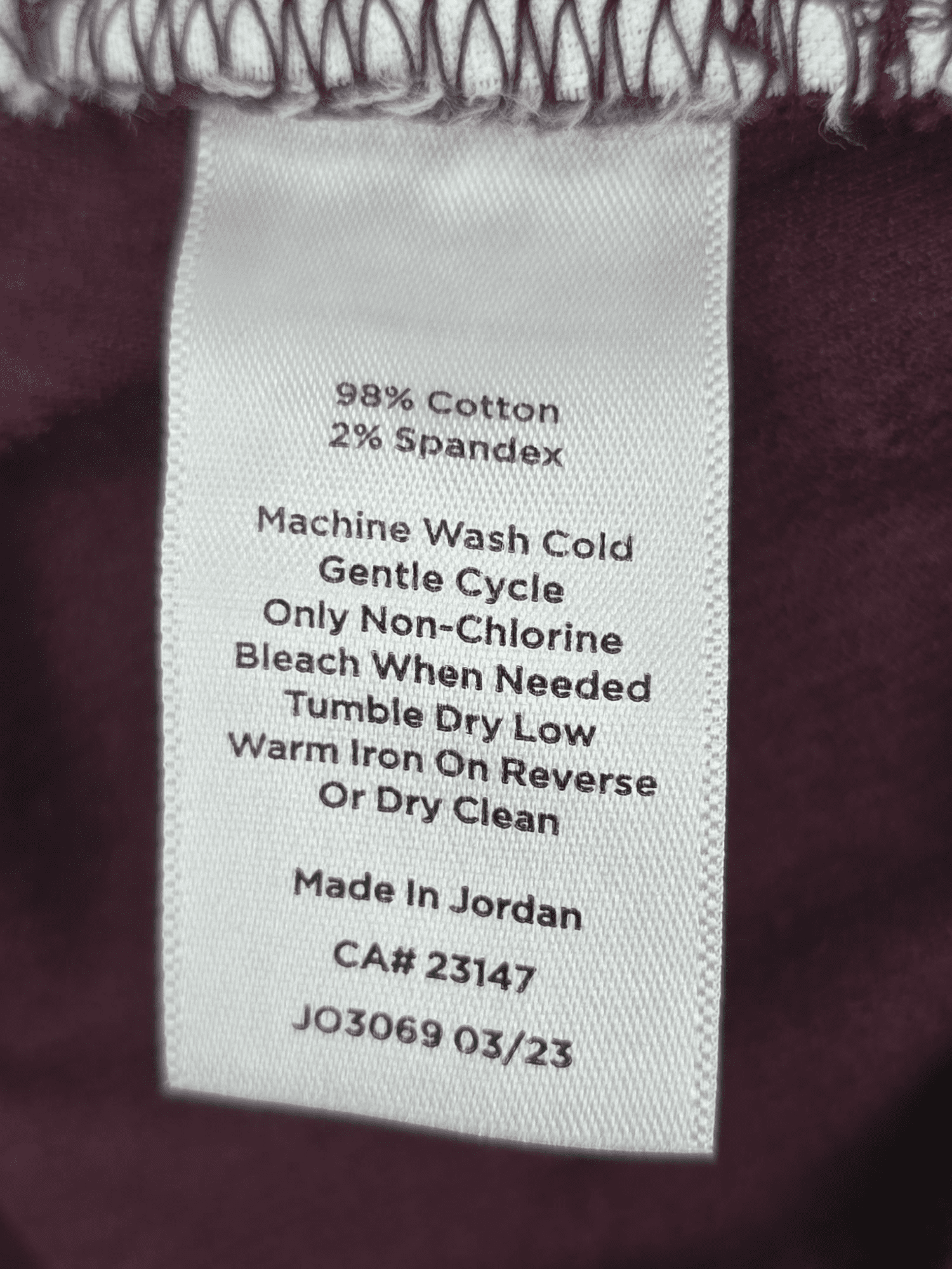 Material and Care Tag for Talbots Wine Corduroy Straight-Leg Pants Plus Size 18W – Cotton Spandex Blend Machine Washable