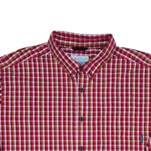 Close-up of front of Columbia men’s size XXL red and orange long-sleeve button-up shirt showing collar, buttons, and pocket detail