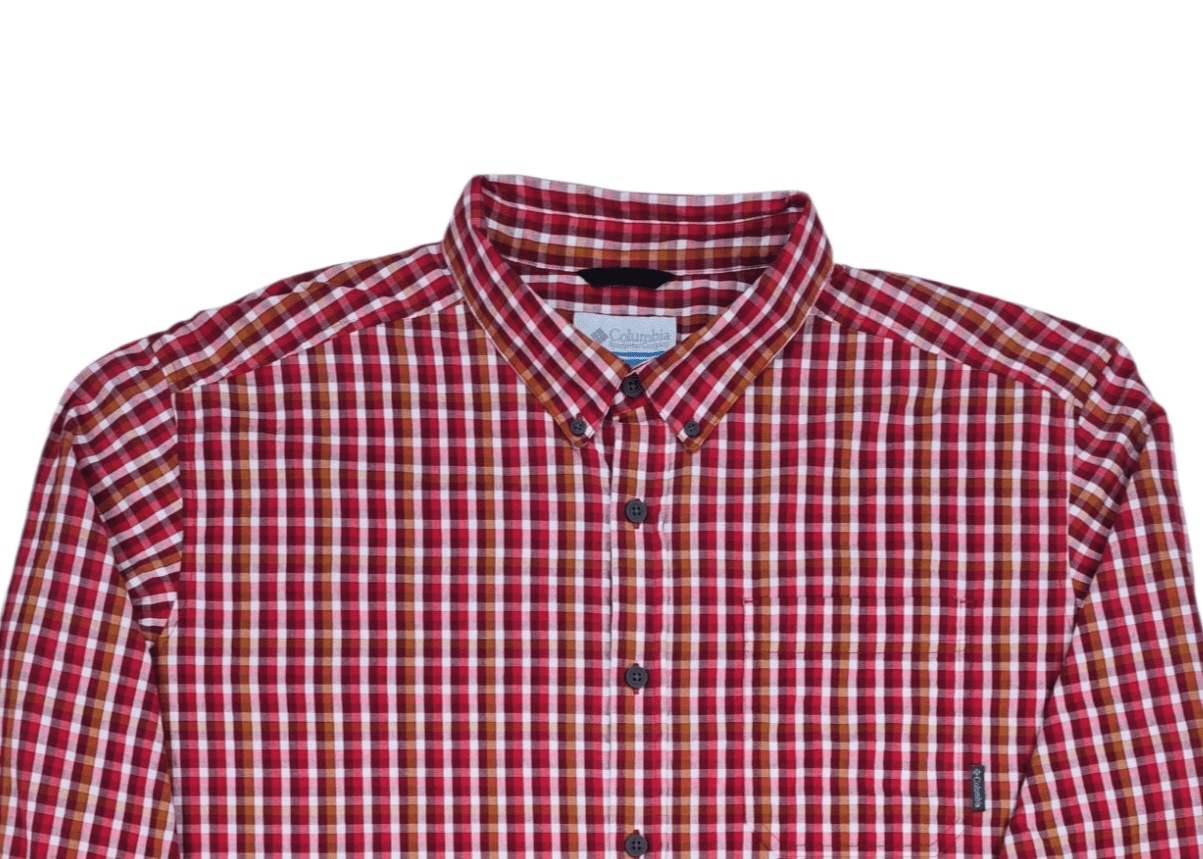 Close-up of front of Columbia men’s size XXL red and orange long-sleeve button-up shirt showing collar, buttons, and pocket detail