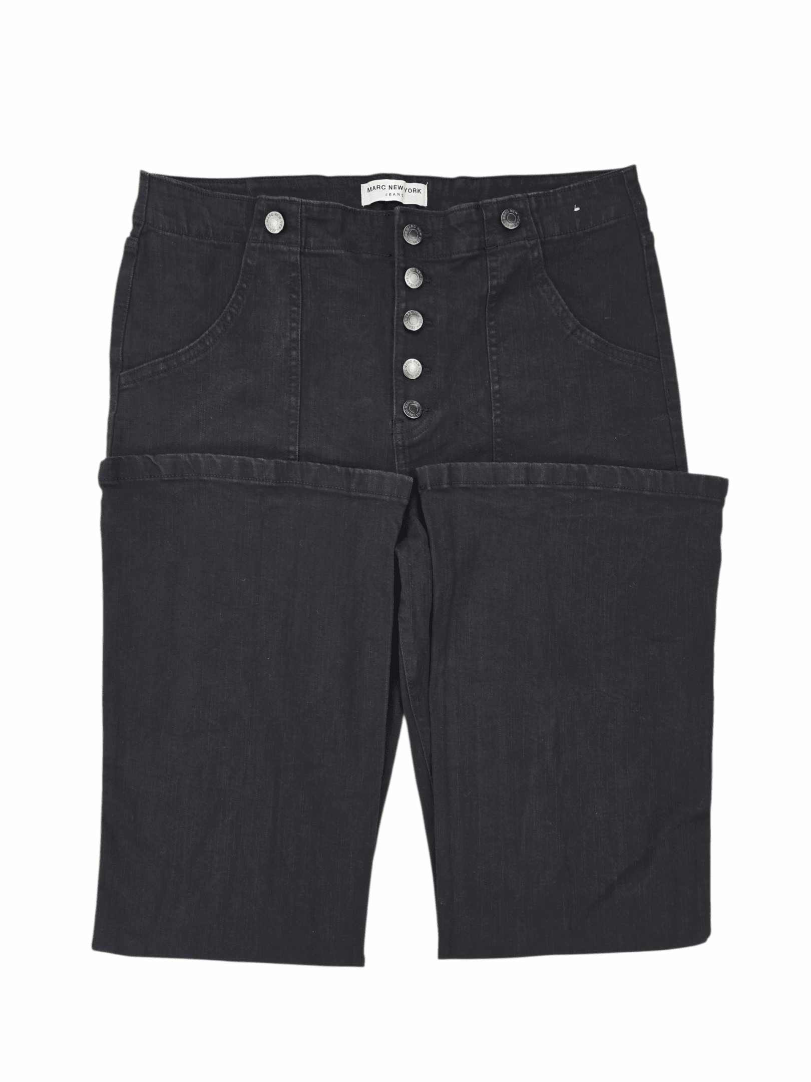 Close-up of button fly and waistband on Marc New York black flared jeans women’s size 16
