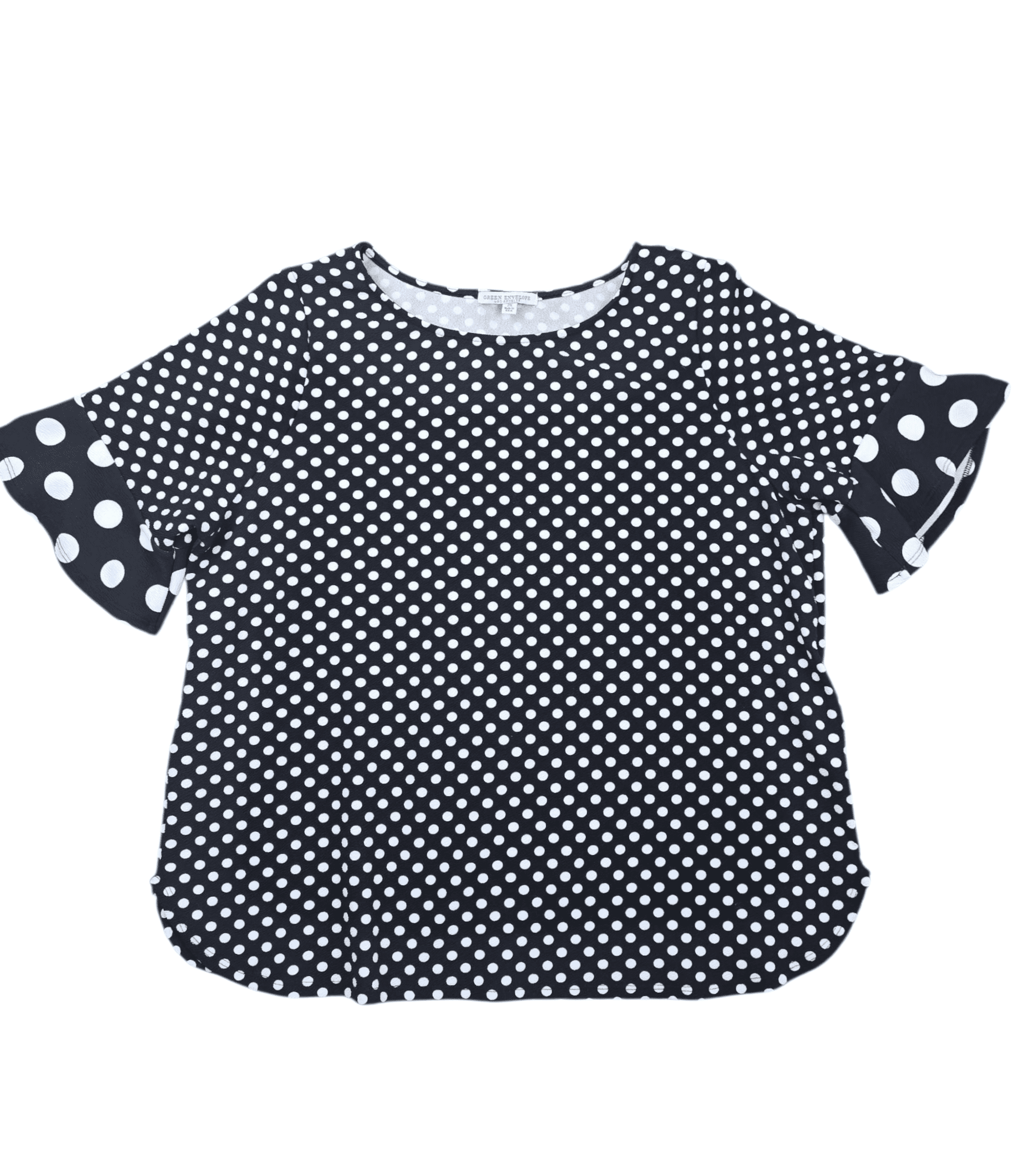 Green Envelope women’s size 2X black and white polka dot blouse front view
