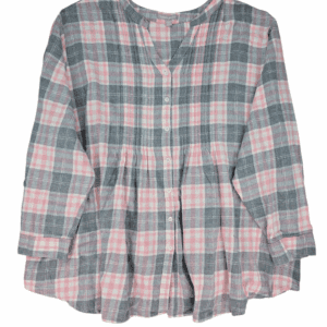 Front view of Woman Within gray and pink checked flannel shirt with pleating women’s size 34/36