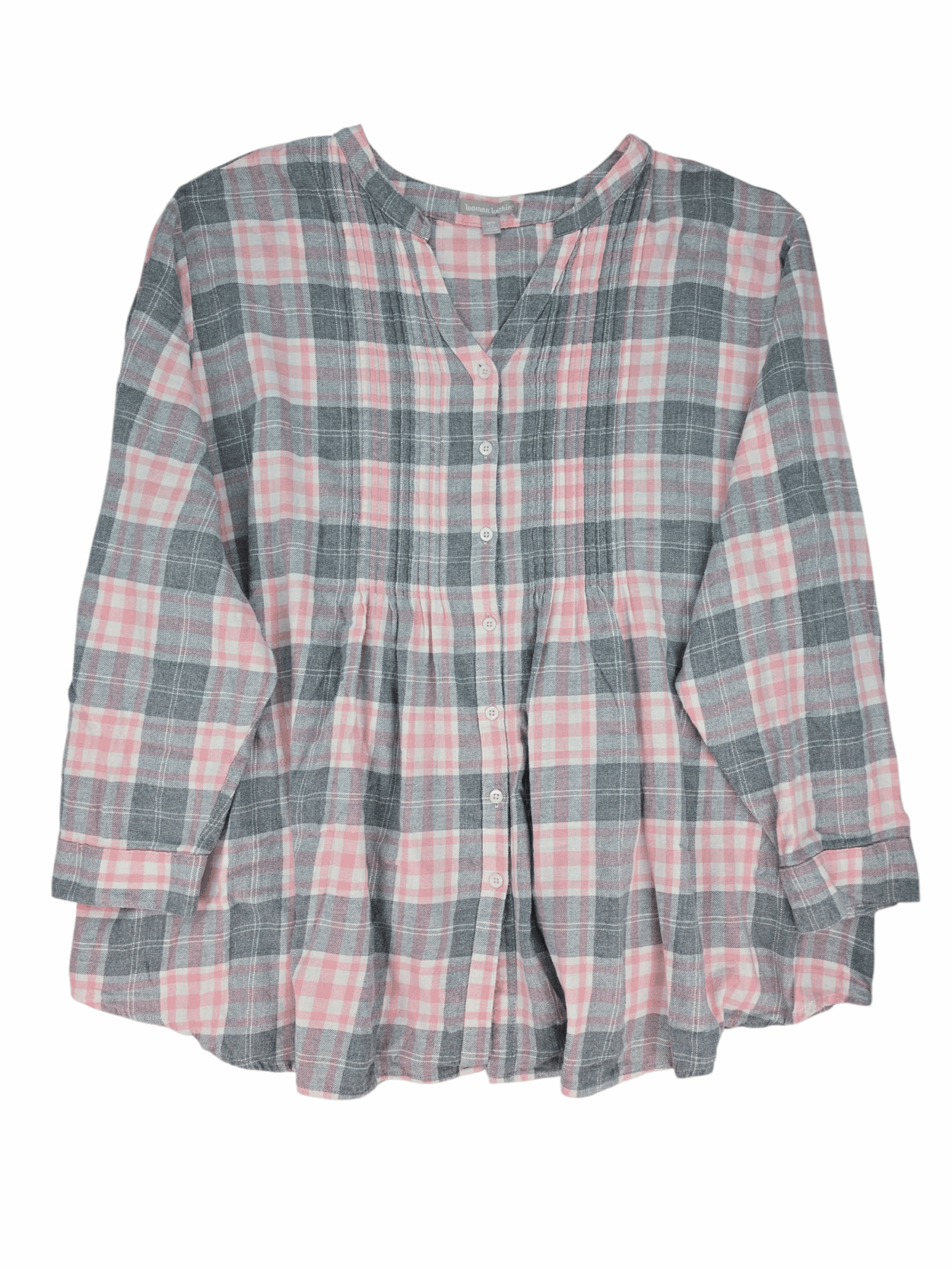 Front view of Woman Within gray and pink checked flannel shirt with pleating women’s size 34/36