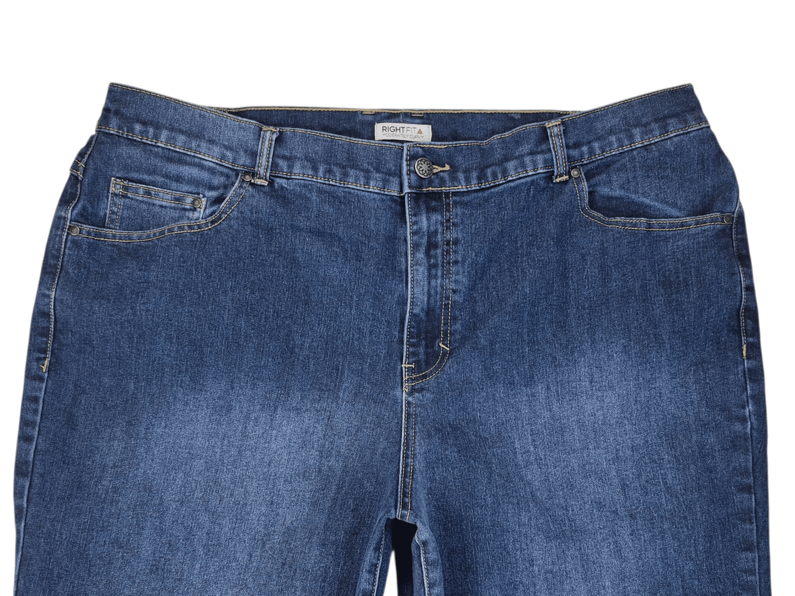Close-up of waistband and stitching on Catherine’s Right Fit Moderately Curvy blue denim jeans size 20W