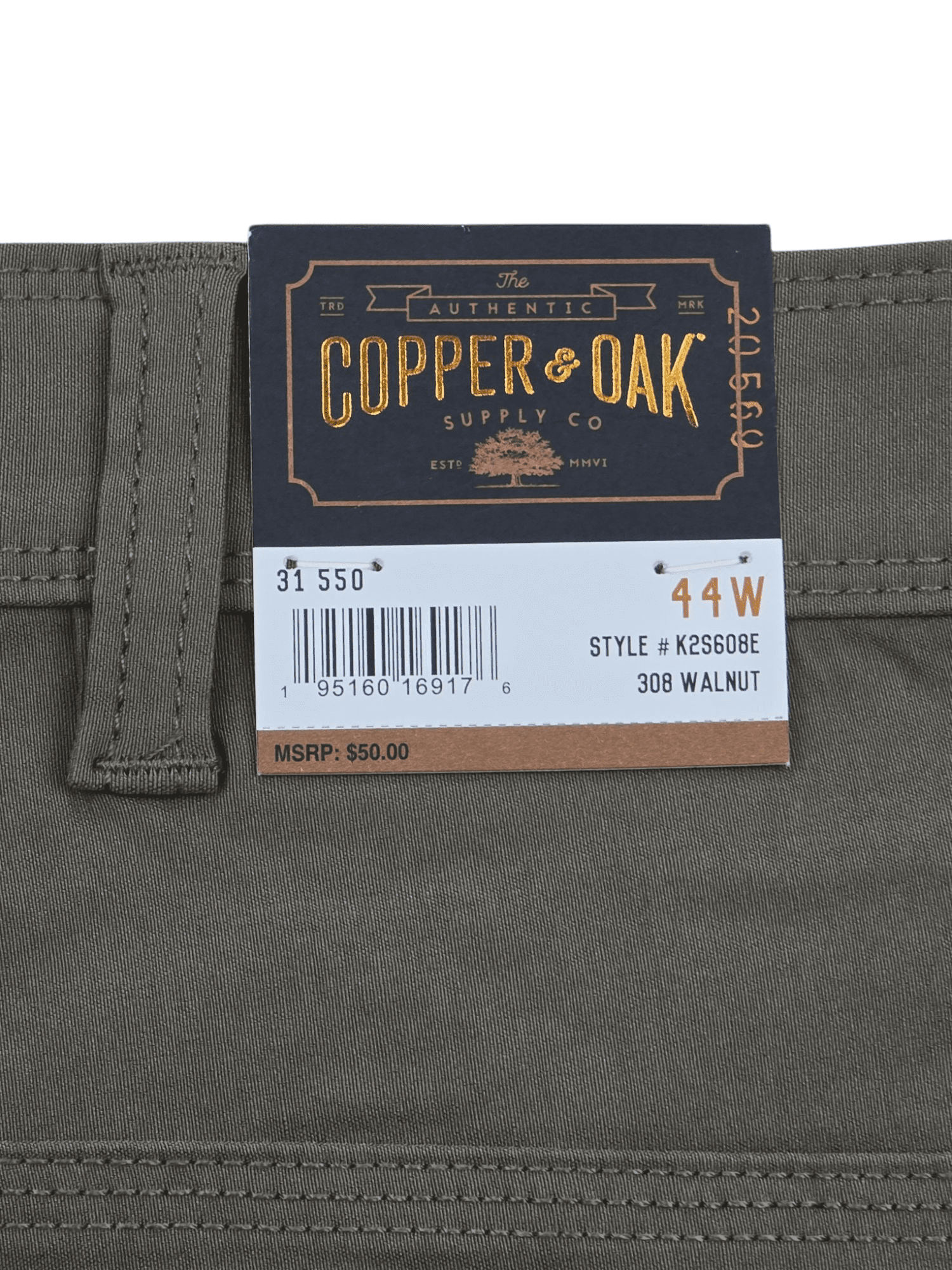 Store Tag for Copper & Oak Green Utility Comfort Flex Shorts Size 44W – NWT Retail Hang Tag with Brand and Price