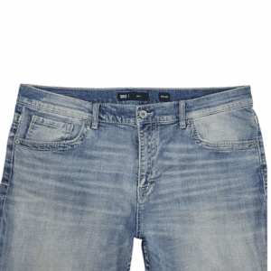 Close-up of waistband, button, and stitching on BKE Seth blue straight-leg jeans men’s size 40x32