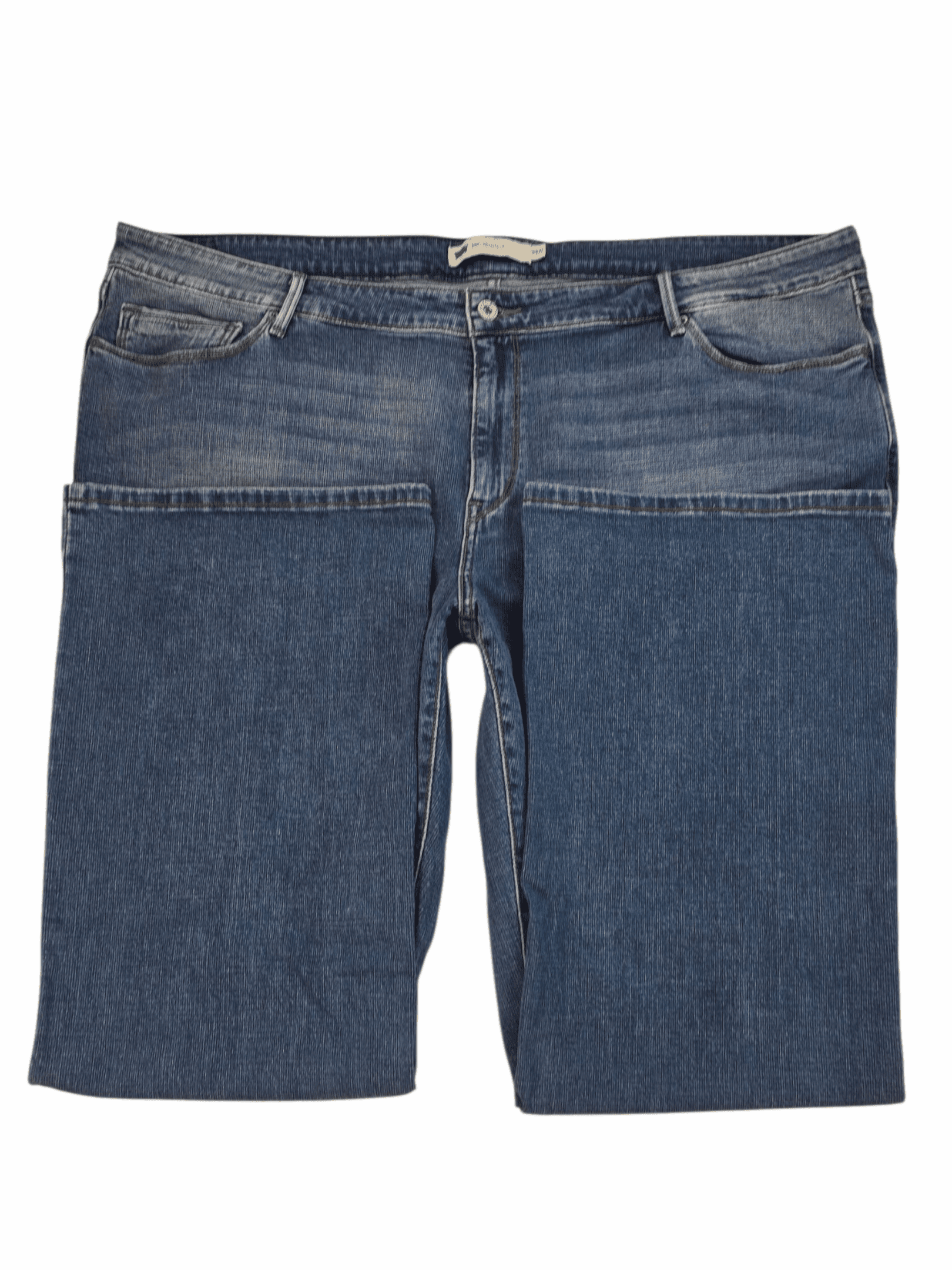 Close-up of waistband, button, and stitching on Levi’s 590 bootcut blue jeans women’s size 24W