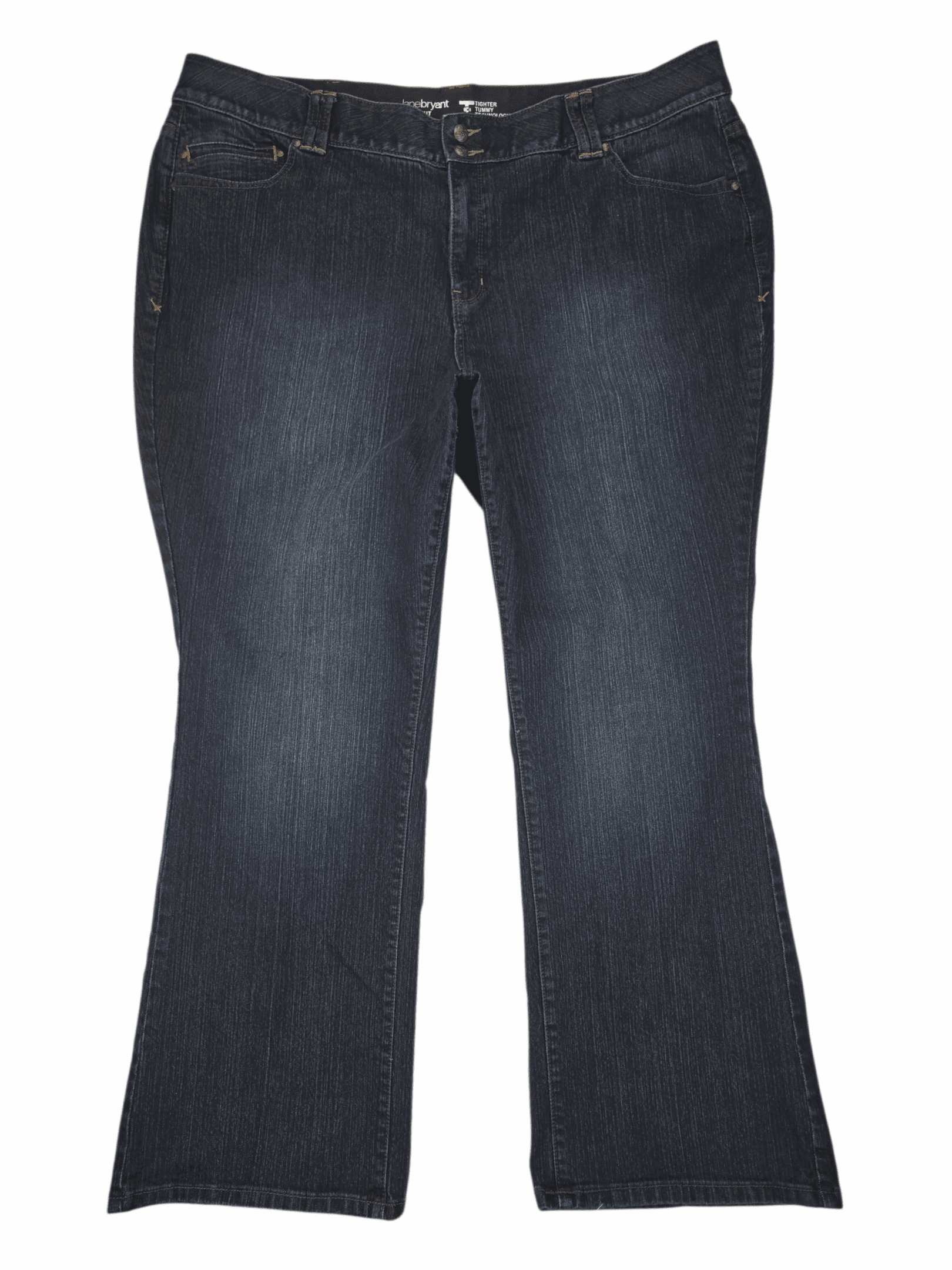 Front view of Lane Bryant Tighter Tummy Technology bootcut blue denim jeans size 26