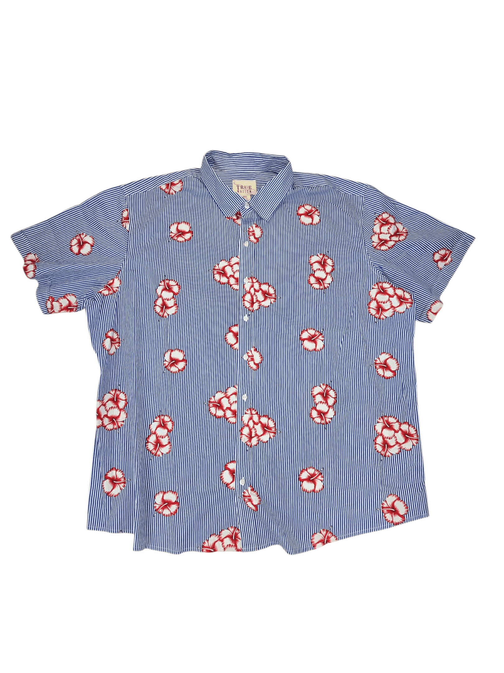 Front view of True Nation blue and white hibiscus stripe button-up shirt men’s size 3XL