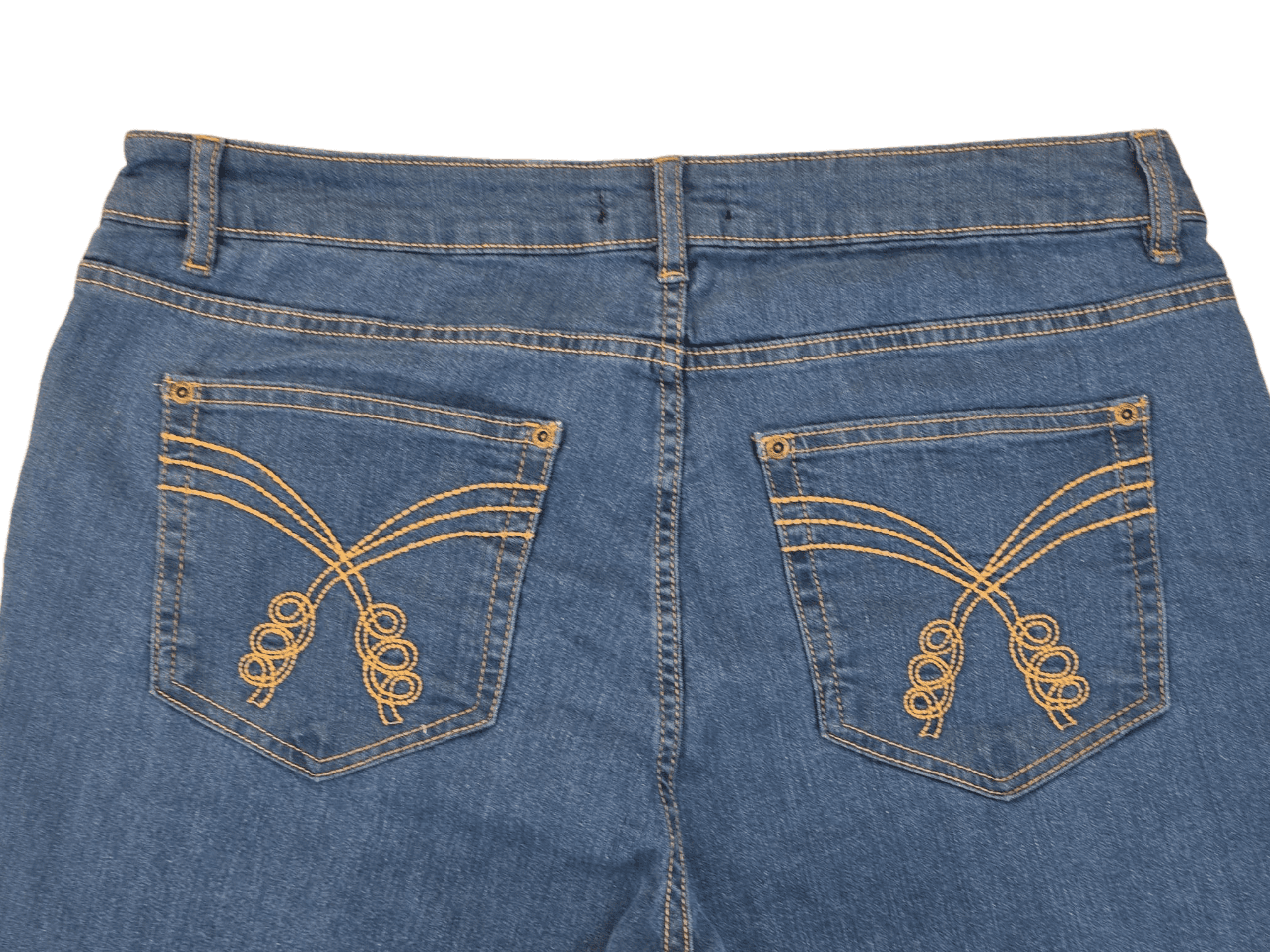 Close-up of waistband and pocket stitching on NWT Ellos blue straight leg denim jeans size 16