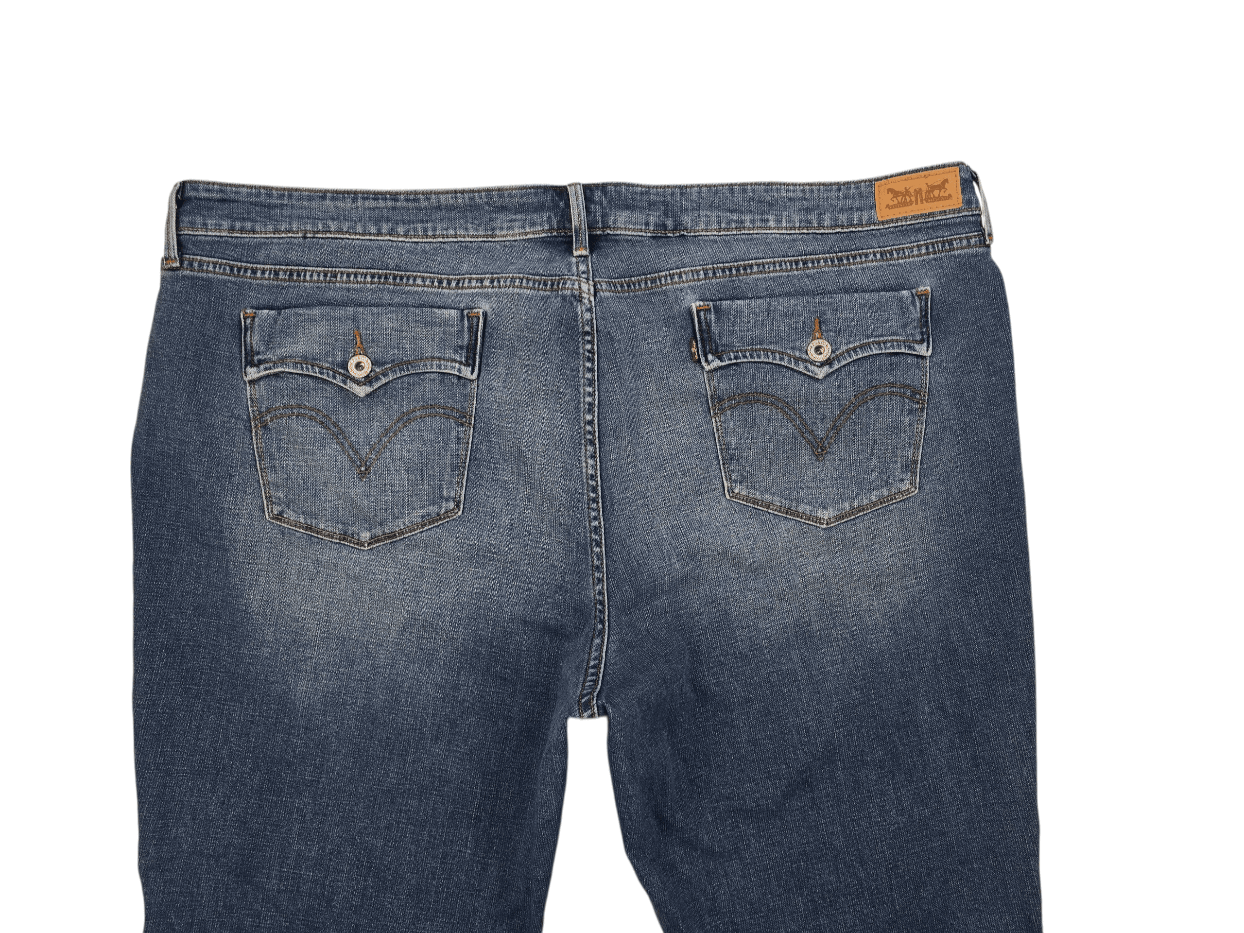 Close-up of waistband, button, and stitching on Levi’s 590 bootcut blue jeans women’s size 24W