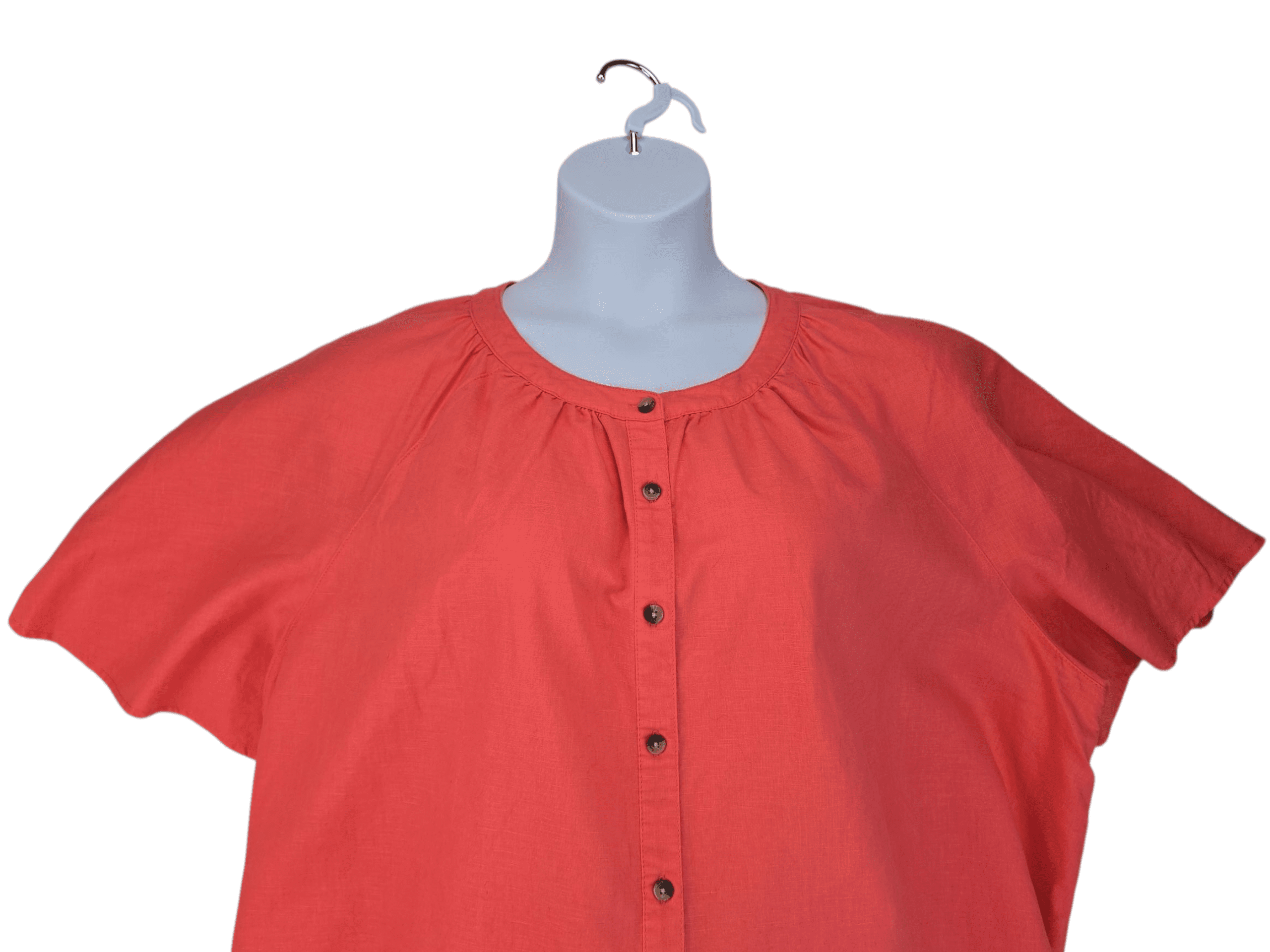 Close-up of collar and buttons on Woman Within coral linen-cotton short sleeve button-up top size 2X